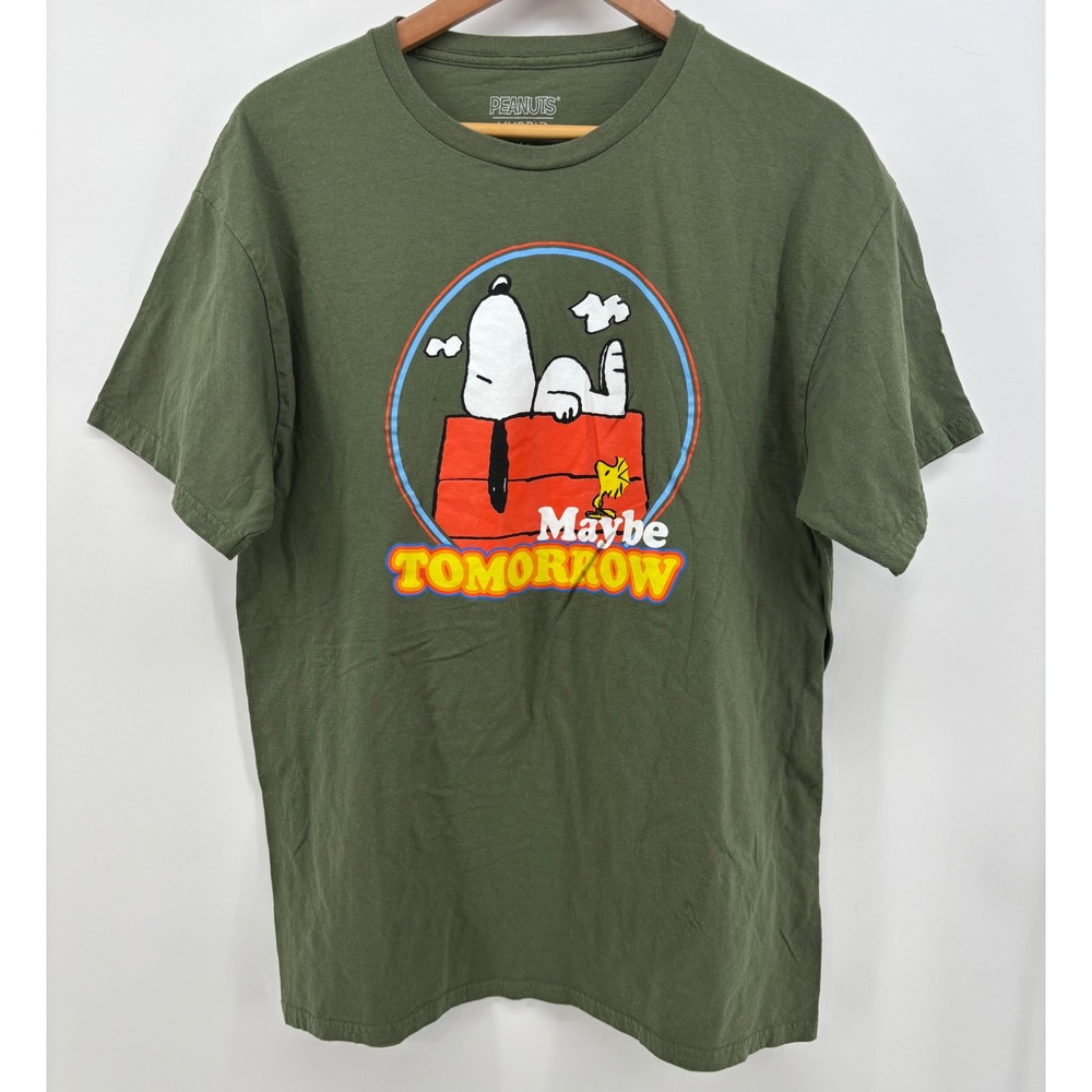 Peanuts T-Shirt Men's Large Green Snoopy Woodstock Maybe Tomorrow Graphic
